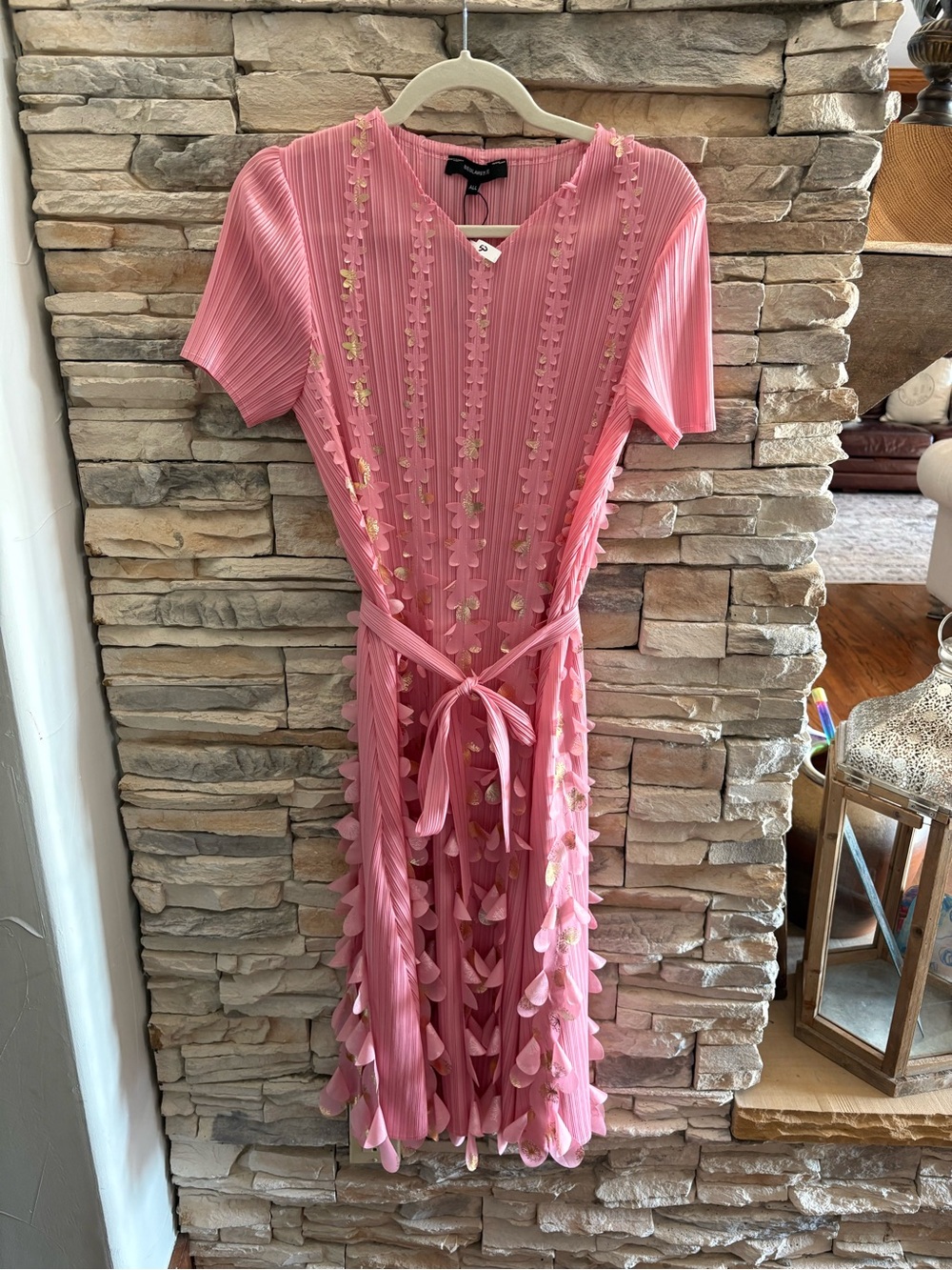 Beulah Pink Pleated Midi Dress with Floral Petal Gold Details, NWT